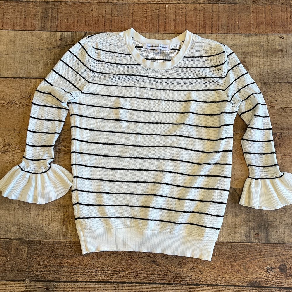 Cupcakes and Cashmere Liana Black White Striped Sweater Open Weave